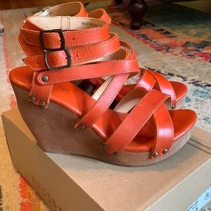 BedStu Cobbler Series burnt orange wedge sandal.